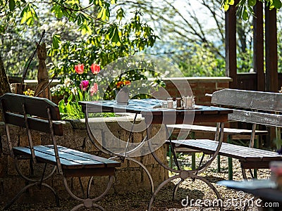 Image of traditional bavarian beergarden tables and chairs Stock Photo