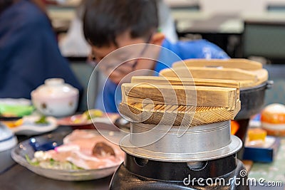 wooden rice pot lid in japanese restaurant. Editorial Stock Photo