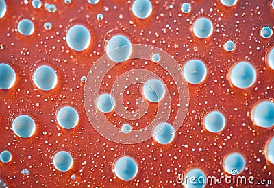 Translucent jelly blobs scattered on reddish surface.AI Generated Stock Photo