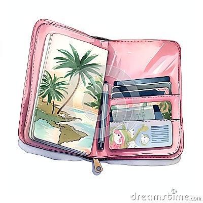 Travel cards wallet watercolor illustration, travel clipart Cartoon Illustration