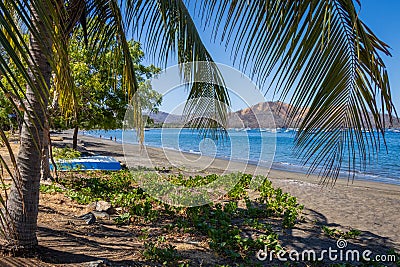 An image of a tropical beach with gentle waves rolling into a sand beach. Stock Photo