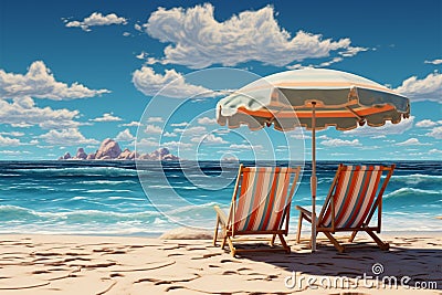 Image Tropical beach seascape illustration with two deckchairs and beach umbrella Cartoon Illustration