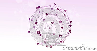 Image of turning globe of connected purple icons and data processing on white and pale purple Stock Photo