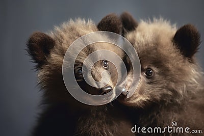 Image of two baby bears cubs cuddle together. Wildlife Animals. Illustration, Generative AI Stock Photo