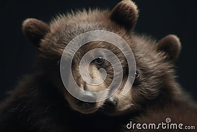 Image of two baby bears cubs cuddle together. Wildlife Animals. Illustration, Generative AI Stock Photo