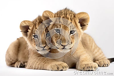 Image of two baby lions cubs cuddle together on white background. Wildlife Animals. Illustration, Generative AI Stock Photo