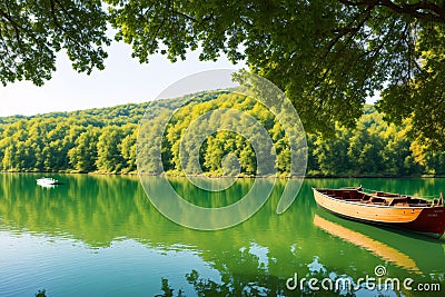 Two boats made of iron parked on the lake There is a large tree in the shade. made with Generative AI Stock Photo