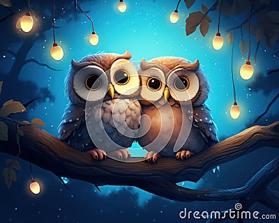 Two cute owlets are sitting next to each other. Cartoon Illustration