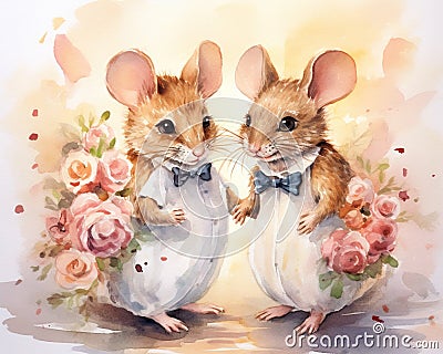 Two mice in love are in a picture frame. Cartoon Illustration