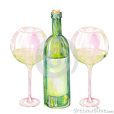 Image of the two watercolor glasses of white wine and wine bottle. Stock Photo