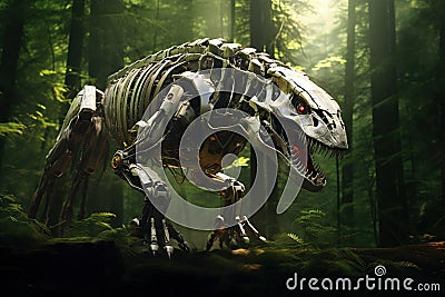 Image of tyrannosaurus rex gundam robot technology an ectronic in the forest. Wildlife Animals. Generative AI, Illustration Stock Photo