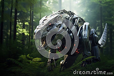 Image of tyrannosaurus rex gundam robot technology an ectronic in the forest. Wildlife Animals. Generative AI, Illustration Stock Photo