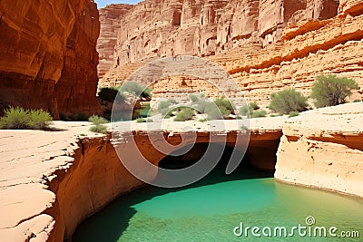 Unique canyon in the desert. Picturesque canyon Ein-Avdat in the Negev desert. Clean cold water in the creek Stock Photo