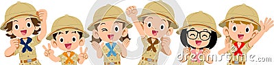 Upper body of energetic elementary school boys and girls wearing expedition clothes Vector Illustration