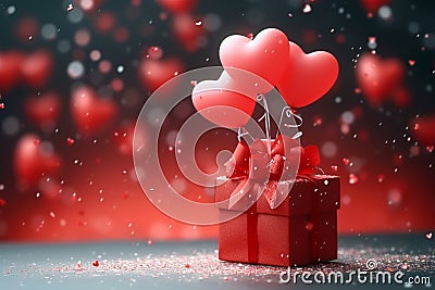 Image Valentines Day celebration red gift box, heart shaped balloons concept Stock Photo