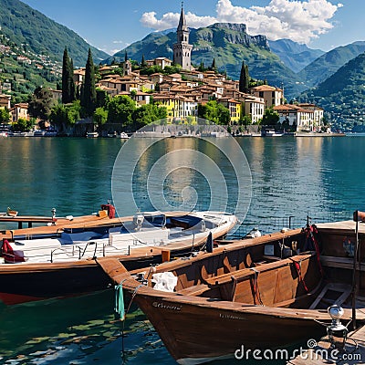 Varenna town in Como lake district. Italian traditional lake village. Italy, Europe. made with Generative AI Stock Photo