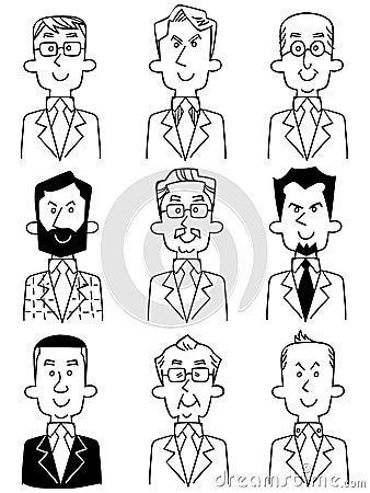 Various upper body line drawings of men in suits Vector Illustration