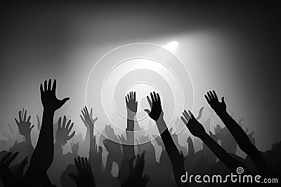 image of the a vast crowd of hands, illuminated by a dreamy and foggy light towards the front auditorium. Stock Photo