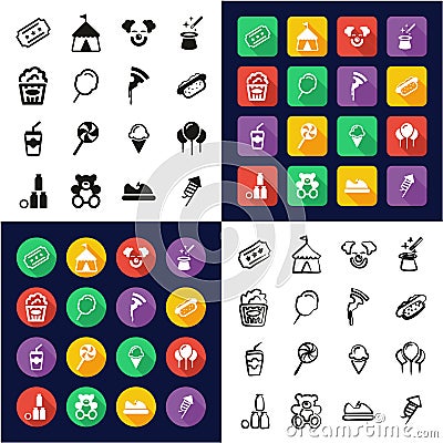 Fair All in One Icons Black & White Color Flat Design Freehand Set Vector Illustration