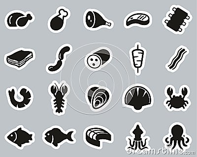 Meat & Seafood Icons Black & White Sticker Set Big Vector Illustration