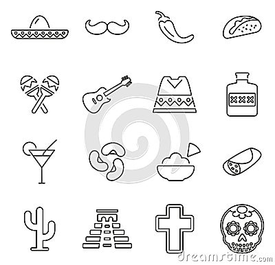 Mexican Culture & Heritage Icons Thin Line Vector Illustration Set Vector Illustration