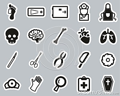 Morgue Or Coroner Equipment Icons Black & White Sticker Set Big Vector Illustration