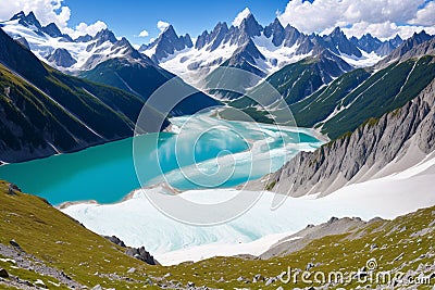 View on Argentiere glacier. Hiking to Argentiere glacier with the view on the massif des Aiguilles Rouges in Stock Photo