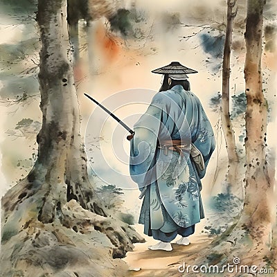 image of the vintage Japanese watercolor,wondering Ronin looking for vengeance. Stock Photo