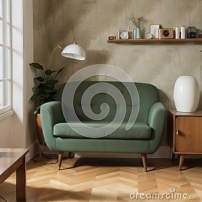 Vintage room with wallpaper old fashioned armchair retro tv phone clocks radio player and standart lamp Stock Photo