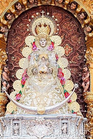 Image of the Virgen del Rocio, La Divina Pastora, The divine shepherdess,inside of the Ermita del Rocio, hermitage Editorial Stock Photo