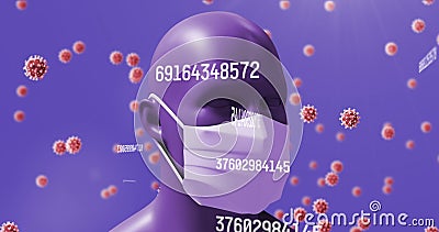 Image of virus cells and numbers and human with face mask and data processing Stock Photo