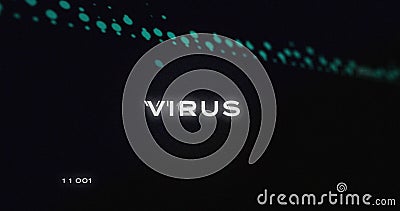 Image of virus text, binary codes over circuit board pattern against graphs on black background Cartoon Illustration