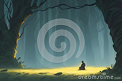 image of the a vivid illustration of a mysterious shadow creature cloaked in shadowy forest scene. Cartoon Illustration