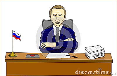 Vladimir Putin, president at the table, Russian leader Vector Illustration