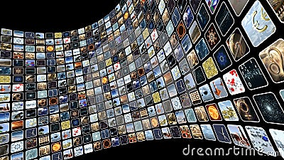 Image wall with many icons on screen. 3D rendering Stock Photo