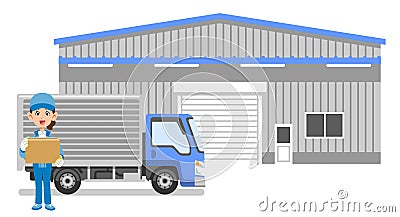 Warehouse and truck, full body of female courier staff Vector Illustration