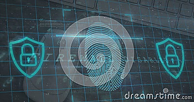 Image of warning data processing, online security biometric fingerprint Stock Photo