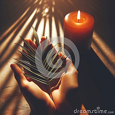 image 1:1 aspect ratio - hands held in prayer with a palm frond and a candle Stock Photo