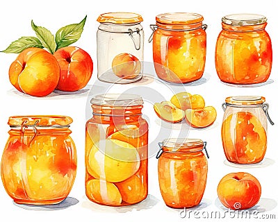 watercolor cartoon glass jar with peach apricot jam. Stock Photo