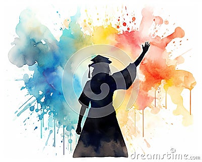watercolor silhouette graduate student is drawn in a graduation cap and mantle. Cartoon Illustration