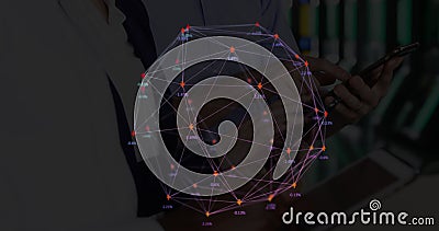 Image of web of connections with numbers floating over a gorup of people using tablets Stock Photo