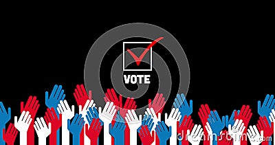 Image of white box with red tick and the word Vote and hands on black background. Stock Photo