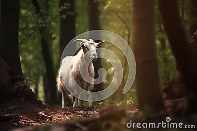 Image of white goat standing in the forest. Wildlife Animals Stock Photo