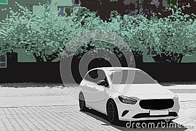 An image of a white hatchback on a green background. Stock Photo