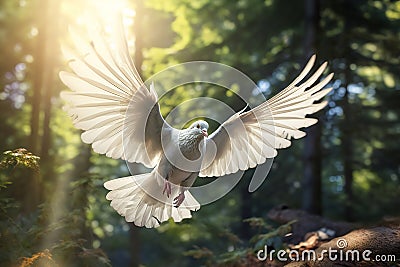Image of white pigeon flying in the fertile forest. Bird. Nature. Illustration, Generative AI Stock Photo