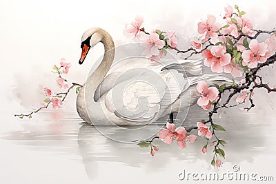 Image of white swan with pink cherry blossoms in ancient chinese style. Wildlife Animals. Nature. Illustration, Generative AI Stock Photo