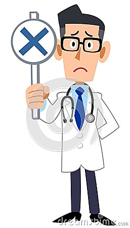 The whole body of a male doctor giving a bad answer tag Vector Illustration