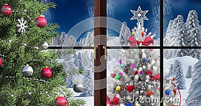 Image of winter scenery landscape seen through window and decorated christmas tree on blue backg Stock Photo