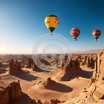 Winter at Tantora Festival, Hot Air Balloons fly over Mada'in Saleh (Hegra) ancient archeological site Stock Photo