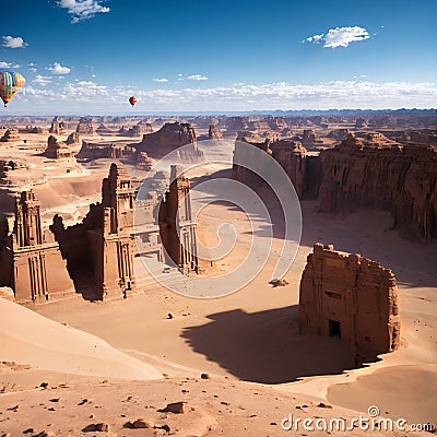 Winter at Tantora Hot Air Balloon Festival over Mada'in Saleh (Hegra) ancient site, Al Ula, Saudi Arabia made with Stock Photo